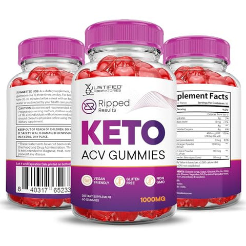 Justified Laboratories - (3 Pacotes) Gomas Ripped Results Keto ACV Avançada Fórmula 1000MG Gomas Ripped Results Keto Apple Cider Vinegar Formuladas com Pó de Romã e Beterraba B12 Vegano Não GMO