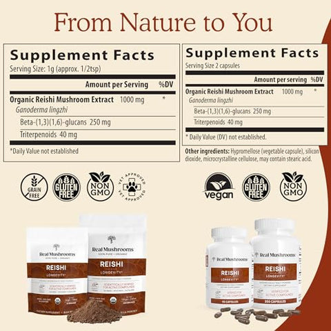 Reishi Cápsulas – Extrato de Cogumelo Orgânico com Potente Reishi Vermelho para Longevidade, Humor e Sono – 100% Natural e Eficaz - Real Mushrooms