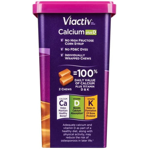 Cálcio + D, Soft Chews, Caramelo – 100 unidades, Pacote com 5 – Comprimidos mastigáveis macios para fortalecer ossos e dentes - Viactiv