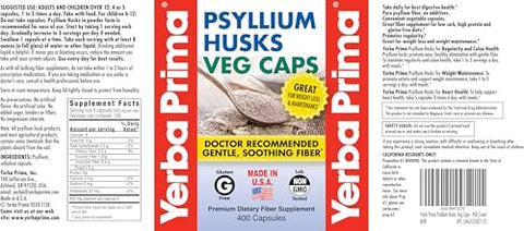 Psyllium Husks Veg Caps – 400 Cápsulas (625mg) (Pacote com 2) – Vegano, Não-OGM, Livre de Glúten – Limpeza do Cólon, Suplemento Diário de Fibras para Saúde Intestinal - Yerba Prima