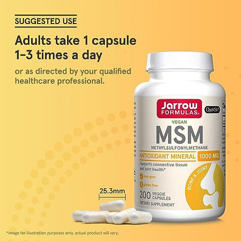 MSM Cápsulas 1.000 mg, Metilsulfonilmetano, Suporte para Saúde das Articulações, 200 Cápsulas, Até 200 Porções - Jarrow Formulas
