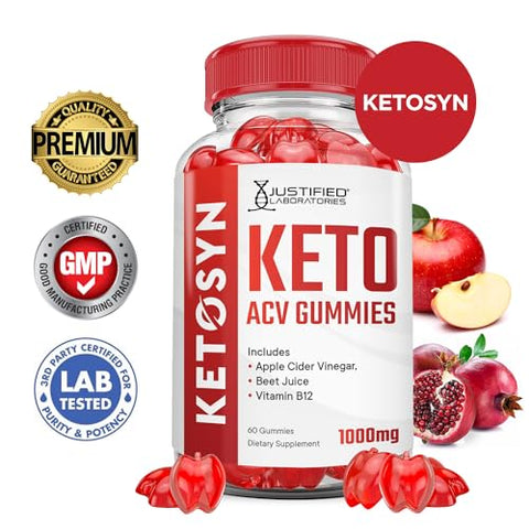 Justified Laboratories - (2 Pacotes) Gomas Ketosyn Keto ACV Fórmula Avançada 1000MG Gomas Ketosyn Keto Vinagre de Maçã Formulado com Pó de Romã e Beterraba B12 Vegano Não GMO 120 Gomas
