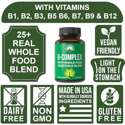 Peak Performance - Complexo de Vitamina B em Cápsulas de Alimentos Integrais com 25 Vegetais e Frutas para Máxima Absorção. Melhor Suplemento Vegano de Complexo B com Vitaminas B1, B2, B3, B5, B6, B7, B9 e B12. 90 cápsulas