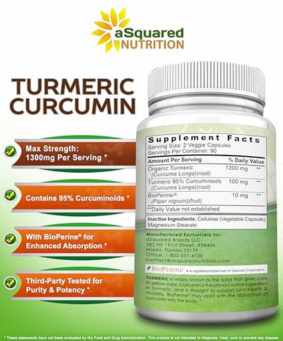Cúrcuma Curcumina 1300mg com Extrato de Pimenta Preta BioPerine – 180 Cápsulas – com 95%% Curcuminoides, 100%% Pó de Raiz de Cúrcuma Natural, Puro - aSquared Nutrition
