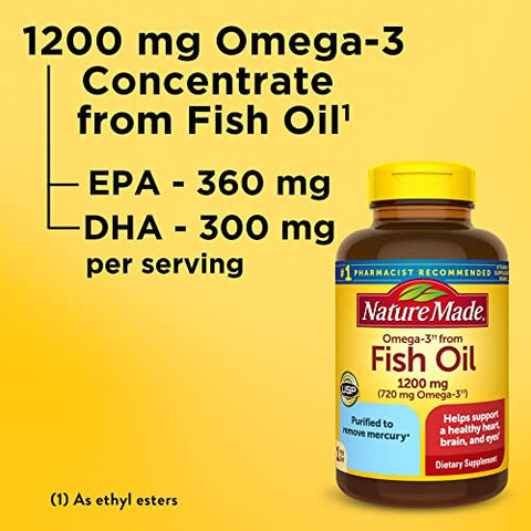 Ômega 3 Fish Oil 1200 mg – Suporte para Coração, Cérebro e Olhos – 1 Cápsula ao Dia – Suplemento Ômega 3 com 100% de Pureza – Óleo de Peixe em Ésteres de Etila - Nature Made
