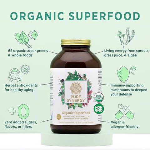 Pó Orgânico de Superfood | Pó Orgânico de Superfood Verde | Suplemento Alimentar Integral com Verdes Orgânicos, Spirulina e Cogumelos | Para Energia, Envelhecimento Saudável e - PURE SYNERGY