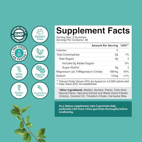 Natures Craft - Gomas de Magnésio Mastigáveis Veganas Sem Açúcar para Adultos – Gomas de Citrato de Magnésio com 180mg de Magnésio Elemental – Gomas Relaxantes de Magnésio Livres de OGM, Halal e Sem Glúten de Frutas Vermelhas – 180g