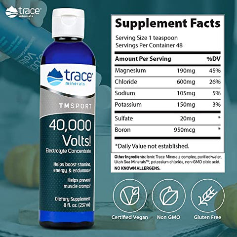 40,000 Volts Concentrace Líquido | Hidratação Corporal e Função Muscular Normal | Minerais Iônicos, Magnésio, Potássio | 48 Porções - Trace Minerals