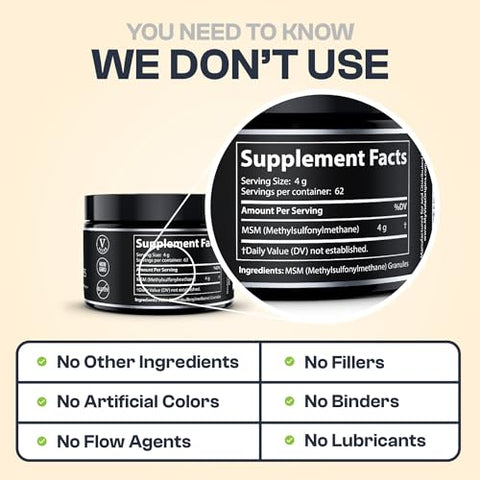 Sulfur Orgânico Puro | Grânulos de MSM 99% Puros para Dor nas Articulações, Inflamação, Energia, Cabelo, Pele e Unhas | Não-OGM, Vegano, Sem Glúten (62 Porções) 2g - My Vida Origins
