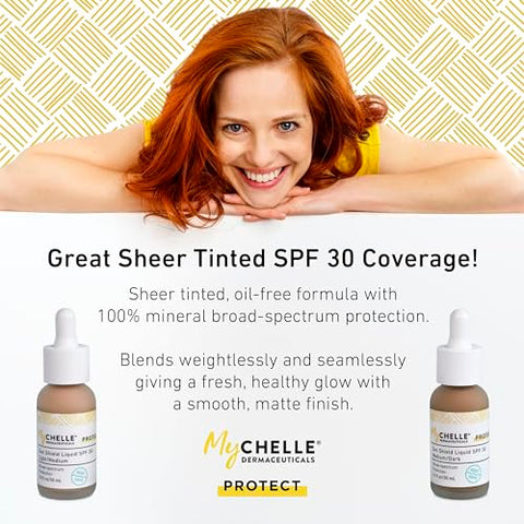 Protetor Solar Tonalizante MyChelle Dermaceuticals Sun Shield Liquid SPF 30 Light/Medium 30ml – Base Leve com Argila Bentonita Absorvente de Óleo – Use como Maquiagem ou Base Sheer