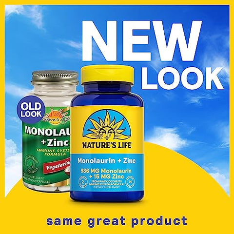 Nature's Life - Nature’s Life Monolaurin Plus Zinc – Suporte Imunológico com 936mg de Monolaurina de Coco Cru, 15mg de Zinco, Promove Saúde Intestinal, Flora Intestinal Equilibrada, Garantia de 60 Dias, 45 Porções