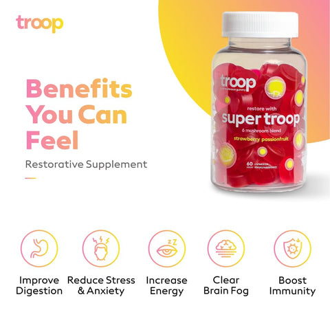 Daily Super 6 Mushroom Blend – Imunidade, Vitalidade, Humor, Equilíbrio, Saúde Intestinal, Energia – Suplemento Restaurador com Blend de Frutas Triplamente Extraídas – Vegano, Delicioso – 100g - Troop