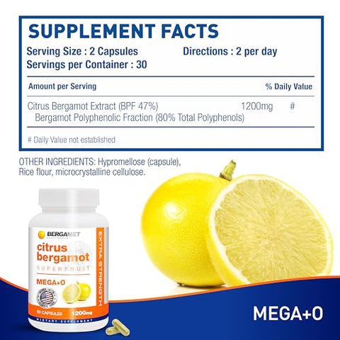 Citrus Bergamot Superfruit – Suplemento de 180 Cápsulas, 1200mg por Porção – 3 Meses – 80% Polifenóis – Fabricado nos EUA - BergaMet