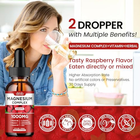 dilib - Complexo de Magnésio Triplo, Magnésio Glicinato, Treonato, Citrato – Gotas Líquidas 1000mg com Ashwagandha, CoQ10, Vitamina B6, C, D, Zinco – Sabor Framboesa Vegano