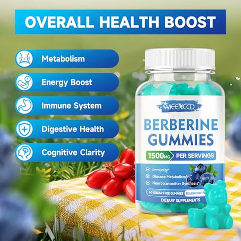 MEENCCD - Berberine Gummies com Canela do Ceilão 1500mg, Alta Potência de Berberina HCL, Mais Canela do Ceilão, Cardo Mariano, Sistema Imunológico