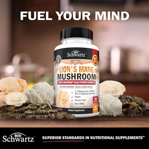 BioSchwartz - Suplemento de Cogumelo do Leão Orgânico em Cápsulas (90 Unidades) 2100mg de Cogumelos do Leão com BioPerine para Máxima Absorção, Composto Ativo Verificado, Suplementos Naturais para o Cérebro Nootrópicos