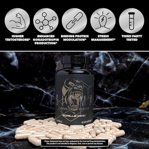 Sigma Testosterone Booster – Tongkat Ali e Extrato de Fadogia Agrestis para Aumentar os Níveis de Testosterona (120 Cápsulas) - Gorilla Mind