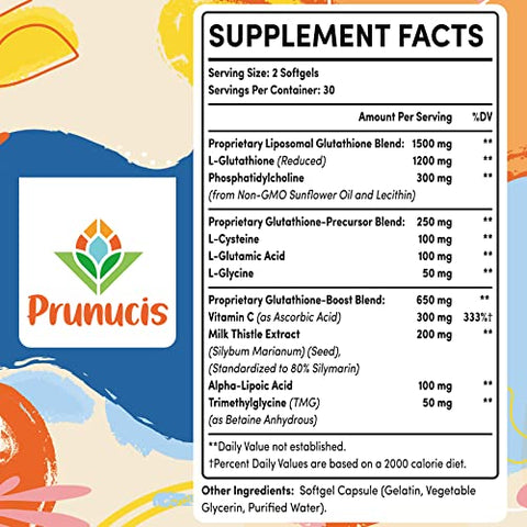 Prunucis - 2400MG Liposomal Glutationa, L-Glutathione Reduzida, Suplemento de Glutationa com Vitamina C, Antioxidantes Mestres, Absorção Aprimorada – Suplementos Antioxidantes Não GMO, Imunidade