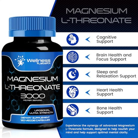 WELLNESS LABSRX - Magnésio l-Treonato Cápsulas 120 Unidades – 3000mg – Magnésio de Alta Absorção Lipossomal, Ultra Potente para Cérebro, Suporte ao Sono e
