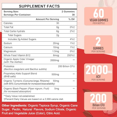 Bestwekk - Gomas de Vinagre de Maçã, Max Força 2000mg ACV com Probióticos, B12 e Suporte Keto, Para Digestão, Metabolismo, Desintoxicação, Intestino