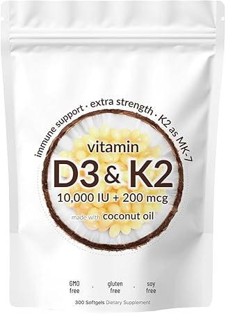 Generic - Vitamina D3 K2 Softgels, 300 Unidades, 10000 UI Vitamina D3, 200 mcg Vitamina K2, Sem OGM, Sem Glúten, Sem Soja, Ósseo