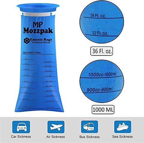 Sacos de Vômito Descartáveis – 100 Unidades – Sacos de Vômito de 1000ml – À Prova de Vazamentos, Grau Médico, Portáteis, para Enjoo, Vômito, Náuseas em Viagens, Carro - MP MOZZPAK