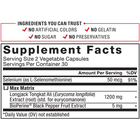 Longjack Tongkat Ali Max para Homens, Suplemento de Resistência e Vitalidade Masculina com Extrato de Tongkat Ali e Ingredientes Naturais Chave para Absorção Superior, 1200mg, 60 cápsulas - Force Factor