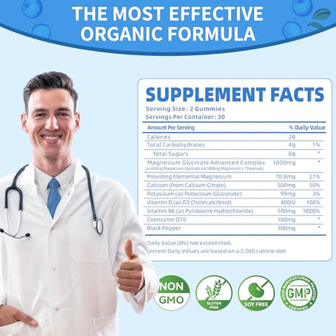 Natures Aid - Gomas de Magnésio Glicinato 1000mg – Sem Açúcar, Suplemento de Magnésio Potássio com Vitamina D, B6, CoQ10 para Calma e Bem-Estar