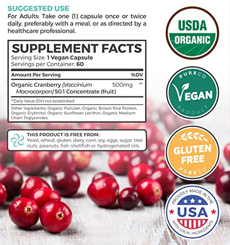 PURE CO - Pílulas Orgânicas de Cranberry – Concentrado 50:1 Equivale a 25.000mg de Cranberries Frescos (Vegano) para Saúde do Trato Urinário