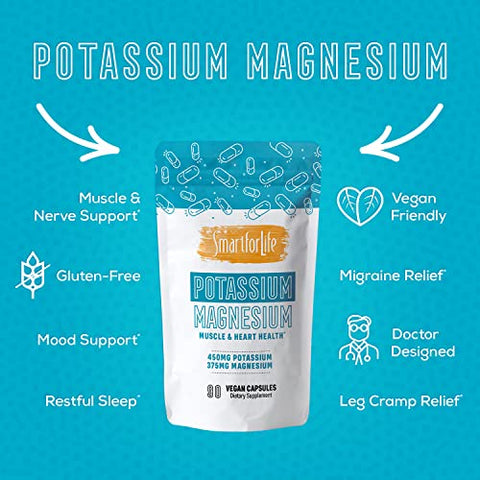 Smart for Life - SMART FOR LIFE Suplemento de Potássio e Magnésio – Complexo de Magnésio de Alta Absorção – 90 Cápsulas Veganas – Suplemento de Magnésio e Potássio para Saúde Vascular, Magnésio para Pernas
