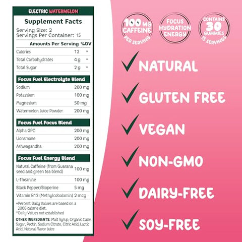FocusFuel - Energy Focus Gummy: Goma Energética com 100mg de Cafeína por 2 Gomas, Contém B12, Magnésio, Eletrólitos, Ingredientes Naturais para Levar a Qualquer Lugar, Sem Nervosismo ou Queda (Sabor Melancia – 30…)