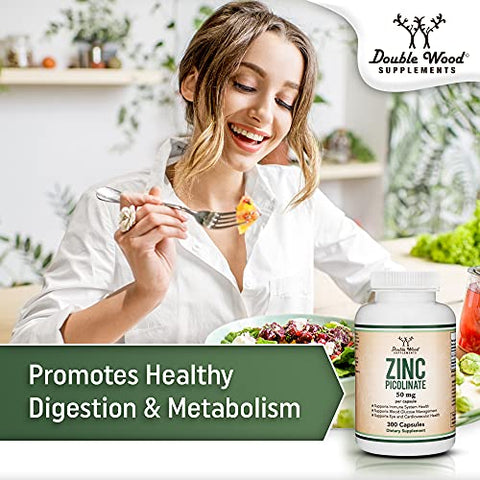 Double Wood Supplements - Zinc Picolinate 50mg, 300 Cápsulas (Suporte Imunológico) Sem GMO, Sem Glúten (Fornecimento de 300 Dias) por