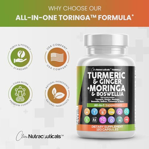 Clean Nutraceuticals - Turmeric Curcumin 30000mg Ginger 3000mg Moringa 50000mg Boswellia 3000mg Saffron 2000mg – Suporte Articular para Mulheres e Homens com Canela do Ceilão, Quercetina, Cereja Azeda