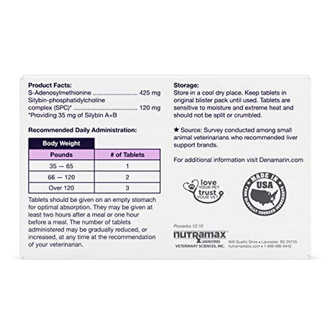 Nutramax Laboratories - Nutramax Denamarin – Suplemento para Saúde do Fígado de Cães Grandes – Com S-Adenosilmetionina (SAMe) e Silibina, 30 Unidades (Embalagem de 1)