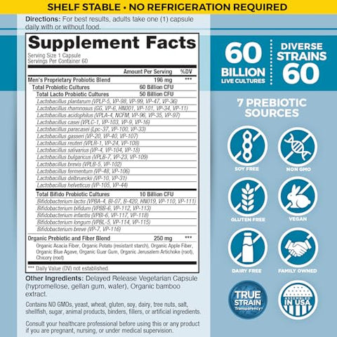 Probiótico Diário para Homens, 60 Bilhões de UFC, 60 Cepas Diversas, 7 Prebióticos Orgânicos, Suporte Imunológico, Alívio de Gases, Saúde Digestiva – Vital Flora - Vital Planet