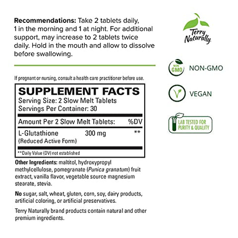 Clinical Glutathione – 60 Tabletes Slow Melt – 300 mg L-Glutathione Estável – Não-OGM, Vegano, Sem Glúten – 30 Porções - Terry Naturally