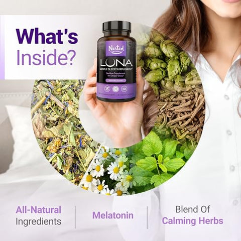 Luna – Suplemento Herbal para Dormir com Melatonina, Raiz de Valeriana, Camomila | 180 Cápsulas Veganas (3 Pacotes) – 60 Cápsulas por Frasco - Nested Naturals