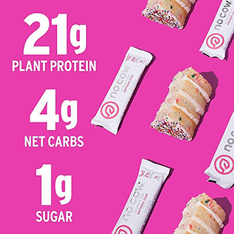 Barras de Alta Proteína, Sabor Bolo de Aniversário, 21g Proteína Vegana à Base de Plantas, Amigável ao Keto, Baixo em Açúcar, Baixo em Carboidratos, Baixa Caloria, Livre de Glúten, Adoçado Naturalmente, Livre de Laticínios, Não-OGM - No Cow