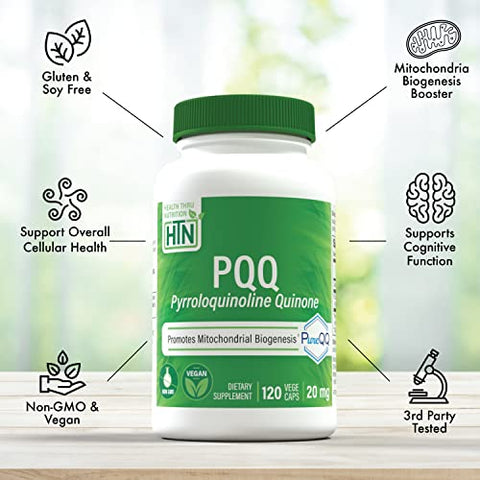 PQQ 20mg 120 Porções Pyrroloquinoline Quinone as PureQQ | Promove Biogênese Mitocondrial | Certificado Vegano | Cápsulas Livres de OGM, Glúten e Soja | Limpo - Health Thru Nutrition