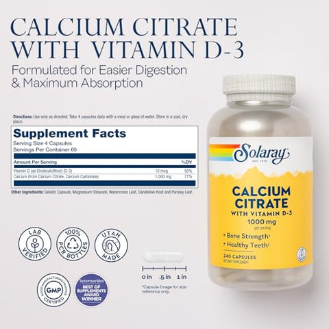 SOLARAY - Solaray Citrato de Cálcio c/ Vitamina D3 1000mg, Fortalecimento Ósseo