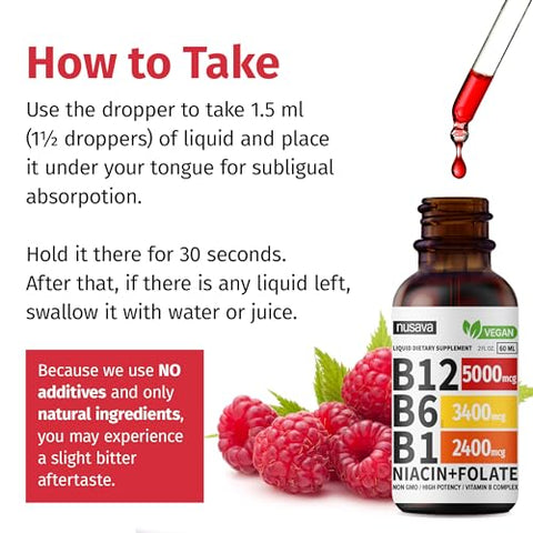 NUSAVA - (2 Pacotes) Gotas Líquidas de Vitamina B12, B12 Sublingual 5000 mcg, Complexo de Vitamina B com Vitamina B6, B12 Methylcobalamin Líquida Suporta Energia, Cérebro