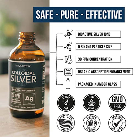 Triquetra Health - Bioativo Coloidal de Prata – Frasco de Vidro 8 oz (236 ml), Vegano, Doses Seguras com Maior Eficácia – Nano Íons, 30 PPM – Suporte Imunológico (48 Porções)