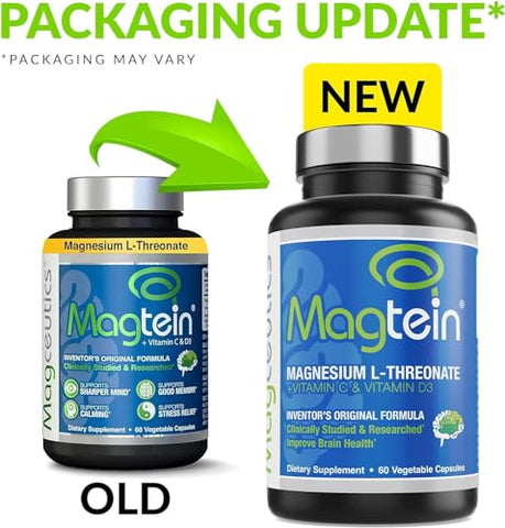 Magtein - Magnésio L-Treonato, Melhore a Saúde Cerebral, Memória, Cognição, Alívio do Estresse e Qualidade do Sono – 60 Cápsulas Vegetais (Suprimento para 30 Dias)