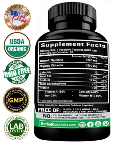 HCL HERBAL CODE LABS - Chlorella Spirulina Cápsulas em Pó Orgânico 3000 mg de Algas Azuis Verdes Pura Livre de BMAA – Melhor Desintoxicação Natural Vitaminas Proteína Superalimento Verde Vegano Cru – Feito nos EUA