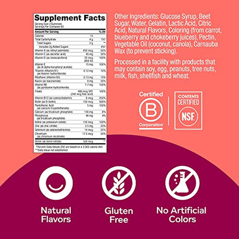 Gummy Multivitamínico Feminino, Vitaminas A, D, C, E, Biotina, Ácido Fólico, Sabor de Frutas Vermelhas, Suprimento de 60 Dias – 120 Unidades - OLLY