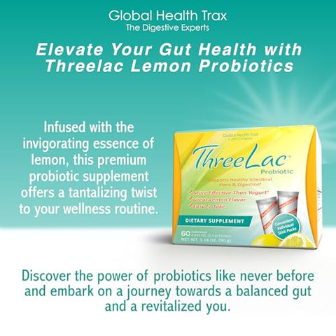 Global Health Trax - GHT – ThreeLac Limão Mix de Bebida Probiótica para Saúde Digestiva – Fórmula Avançada em Pó Probiótico para Homens, Mulheres – 30g