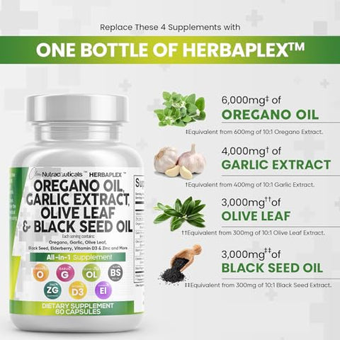 Clean Nutraceuticals - Óleo de Orégano 6000mg Extrato de Alho 4000mg Folha de Oliveira 3000mg Óleo de Semente Negra 3000mg – Suporte Imunológico