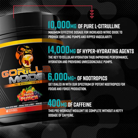 Gorilla Mind - Gorilla Mode Pre Workout 800g – Bomba Muscular · Foco Incrível · Energia · Potência – L-Citrulina, Creatina, L-Tirosina, Betaína, Hydroprime®, Alpha-GPC, 400mg Cafeína, Huperzine A