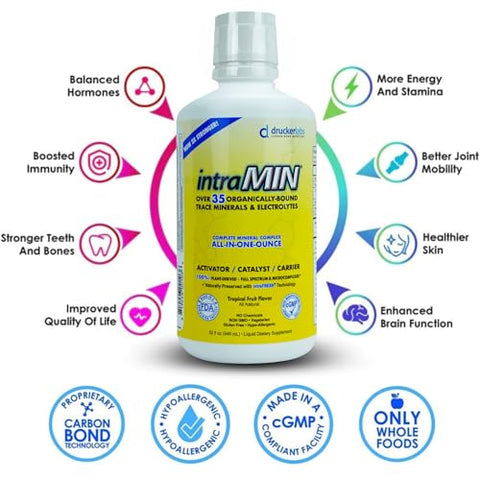 IntraMin - DRUCKER Labs – IntraMIN: Suplemento Líquido Orgânico de Minerais Traços para Homens, Mulheres, Crianças, Suporte Imunológico, Suporte Muscular, Livre de Transgênicos, Sem Glúten, Vegano, Eletrólitos (32 oz., 946 ml)