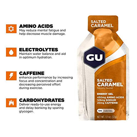 GU ENERGY GEL - GU Energy Gel Original – Energia Vegana, Sem Glúten, Kosher e Sem Laticínios para Qualquer Treino – 24 Unidades, Sabor Caramelo Salgado